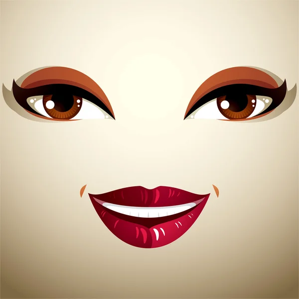 Coqueta sonriente mujer ojos y labios — Vector de stock