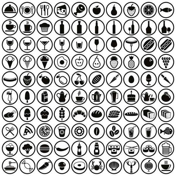 100 yiyecek ve içecek Icons set. — Stok Vektör