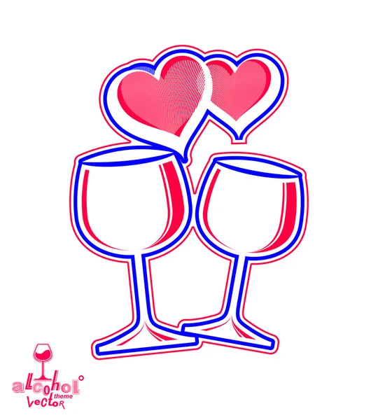 Wineglasses with two elegant loving hearts — Stock Vector