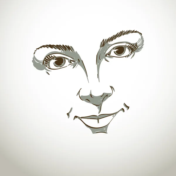Expresión facial, ilustración dibujada a mano de la cara de una niña ingenio — Vector de stock