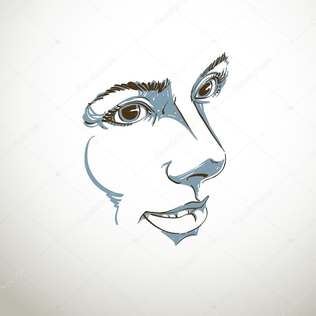 Vector drawing of pensive woman thinking about something. Black