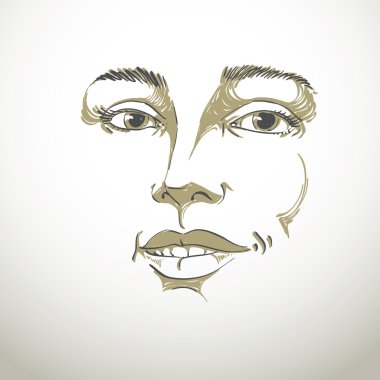 Hand-drawn portrait of white-skin flirting woman, face emotions