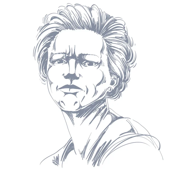 Vector drawing of angry woman with stylish haircut. Black and wh
