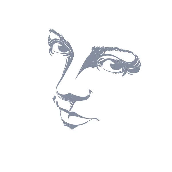 Silueta monocromática de dama melancólica atractiva, proeza de la cara — Archivo Imágenes Vectoriales