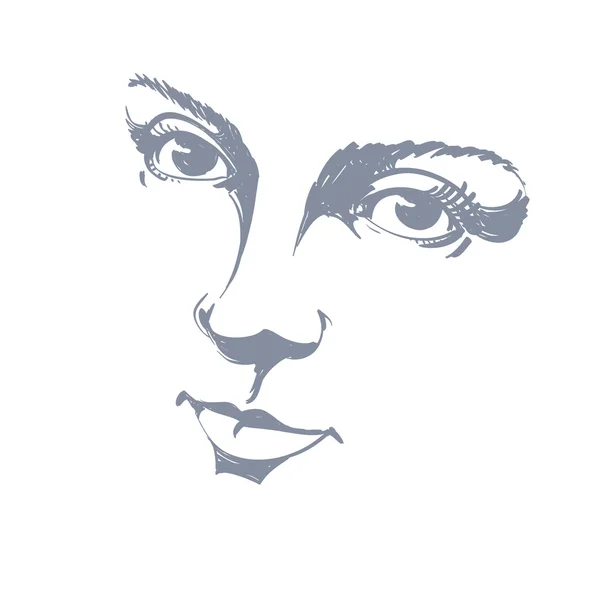 Illustration noir et blanc du visage de dame, visage délicat featu — Image vectorielle