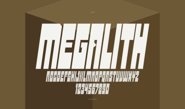 Logolar ve amblemler için geometrik kalın ve güçlü vektör yazı tipi, posterler ve reklamlar için ağır harfler, devasa vahşi ve kentsel harflerle yazı karakteri, italik sürümü.