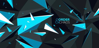 Düzen ve kaos vektörü soyut arkaplan, 3D koyu siyah ve parlak mavi düşük poligonal yüzey bozunmuş parçacıklar hareket halinde.