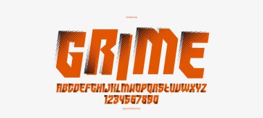 Logo ve posterler, vektör sanayi yazı tipi, siber punk fütüristik tarzda modern ekran tipografisi, italik versiyonu için yarım tonda noktalı geometrik vahşi ve kalın yazı tipi.