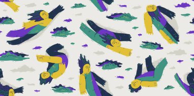 Hayalperestlerin kavramsal kusursuz arka planı, bulutların arasında uçan illüstrasyon vektörleri, hayal gücü özgürlüğü, rahatlama, huzur ve hipnotik duygular..