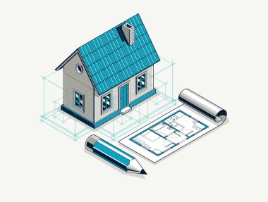 Ev projesi konsepti, küçük bir ev ve bina projesinin 3 boyutlu izometrik vektör çizimi, inşaat mimarisi modeli, küçük aile evi..