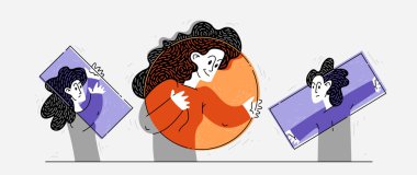 Farklı dünya görüşleri, farklı şekil ve renkte genç insanlar, bir kişinin rahat ve olumlu bir ideolojisi ve görüşü var ve diğerleri rahatsız edici, zihin prizması, vektör....