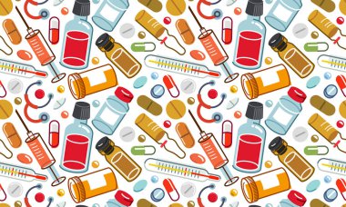 İlaç arşivsiz arka plan, vektör eczane ve farmakoloji sonsuz duvar kâğıdı, ilaç hapları ve şişeler ve ampule eczacı seramikleri deseni, ayrı kullanması kolay elementler..