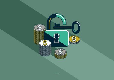 Bozuk paralarla dolu asma kilit vektör kavramsal posteri, güvenli tasarruf konsepti, paralı bir kilidin basit bir simgesi, mali güvenlik metaforu, finansal koruma.