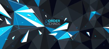 Siyah ve mavi çokgen vektör soyut arkaplan, 3D düşük poli yüzey hareketli dinamik parçacıklar, düzen ve kaos yaratıcı kavram, bozuk elementler.