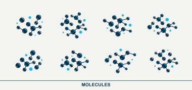 Kimyasal moleküller vektör simgeleri seti, kimya bilimi teması, laboratuvar araştırmaları ve deneyleri, farmakoloji ve sağlık hizmetleri.