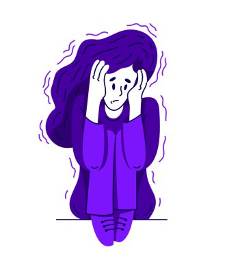 Stresli ve rahatsız hisseden genç bir kadın, zihinsel bozukluk, panik ve endişe yaşayan birinin vektör çizimi, psikolojik sorunlar..