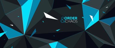 Siyah ve mavi çokgen vektör soyut arkaplan, 3D düşük poli yüzey hareketli dinamik parçacıklar, düzen ve kaos yaratıcı kavram, bozuk elementler.