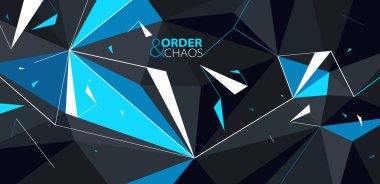 Siyah ve mavi çokgen vektör soyut arkaplan, 3D düşük poli yüzey hareketli dinamik parçacıklar, düzen ve kaos yaratıcı kavram, bozuk elementler.