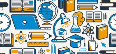 Eğitimsiz arkaplan, çalışma ve öğrenme temasında birçok unsura sahip vektör sonsuz desen duvar kağıdı, bir simge gibi ayrı olarak kullanılabilir.