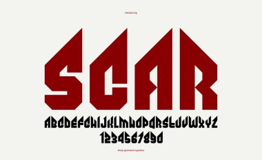 Logo, gotik veya ağır metal tarzı modern yazı tipi, keskin sert rock harfleri ve başlık veya sloganlar için rakamlar alfabesi için keskin ve kalın vektör yazı tipi, ağır tipografi.