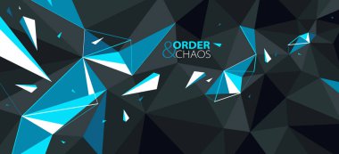 Düşük polyester siyah ve mavi vektör soyut arkaplan, 3 boyutlu çokgen yüzey dinamik patlamanın karmaşasında kırık enkaz, buruşuk parçacıklar.