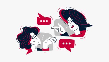 İnternette konuşan iki kişi konuşma kutuları, çevrimiçi video diyaloğunun vektör illüstrasyonu, konuşma baloncukları içinde çift..