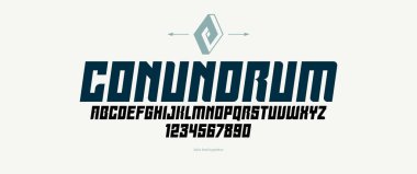 Geometrik italik ve kalın olmayan serif yazı tipi, vektör kalın ve devasa boyutta asgari yazı tipi, poster ve reklam harfleri ve logo başlıkları veya sloganlar için rakamlar alfabesi.