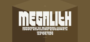 Logolar ve amblemler için geometrik kalın ve güçlü vektör yazı tipi, posterler ve reklamlar için ağır harfler, büyük vahşi ve kentsel harflerle yazı karakteri.