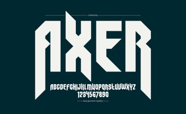 Manşetler için keskin ve cesur gotik yazı tipi, kenarlı geometrik modern vektör yazı tipi, heavy metal ve hard rock tarzı alfabe numaraları.