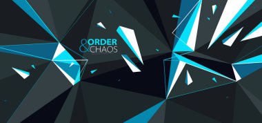 Düşük poligonal yüzeyin soyut çokgen vektör arkaplanı ve bozuk şekiller hareket halindeki parçacıklar, siyah ve mavi renk düzeni ve kaos yaratıcı konsept.