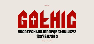 Manşetler için keskin ve cesur gotik yazı tipi, kenarlı geometrik modern vektör yazı tipi, heavy metal ve hard rock tarzı alfabe numaraları.