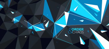 Düşük poligonal yüzeyin soyut çokgen vektör arkaplanı ve bozuk şekiller hareket halindeki parçacıklar, siyah ve mavi renk düzeni ve kaos yaratıcı konsept.