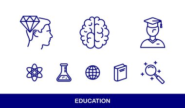 Eğitim vektörü simgeleri belirlendi, üniversite ve lise bilim, fizik ve kimya öğrenimi.