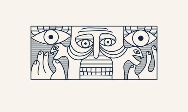 Soyut yüz vektör sanatı, yüz tasviri stilize sanatsal tarz, insan soyutlama sanatı, gerçeküstü ve tuhaf portre.