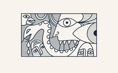 Soyut yüz vektör sanatı, yüz tasviri stilize sanatsal tarz, insan soyutlama sanatı, gerçeküstü ve tuhaf portre.