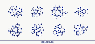 Kimyasal moleküller vektör simgeleri seti, kimya bilimi teması, laboratuvar araştırmaları ve deneyleri, farmakoloji ve sağlık hizmetleri.