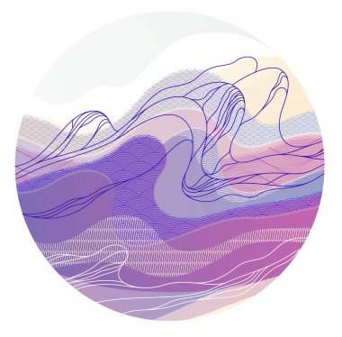 Japon stili soyut bir çember şeklindeki oryantal vektör çizimi, geleneksel Asya tarzında arka plan, dalgalı şekiller ve deniz hatları gibi akan dağlar..