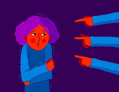 Utanç verici ve suçlayıcı vektör konsepti, genç bir kızı işaret eden el hareketi rahatsız ve korkmuş, sosyal gruplarda acımasız ve hoşgörüsüz davranış sorunu.