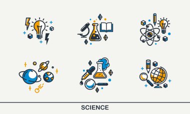 Bilim vektörü ayrıntılı simgeler seti, moleküller ve atomlar laboratuvar deneyi, kitap üniversite çalışması, matara ve tüp deneyi.
