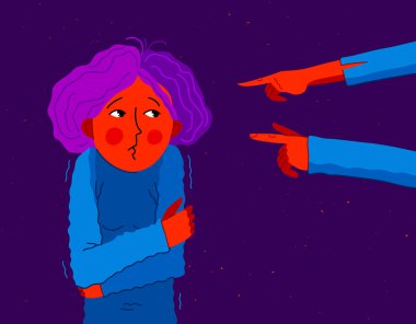 Utanç verici ve suçlayıcı vektör konsepti, genç bir kızı işaret eden el hareketi rahatsız ve korkmuş, sosyal gruplarda acımasız ve hoşgörüsüz davranış sorunu.