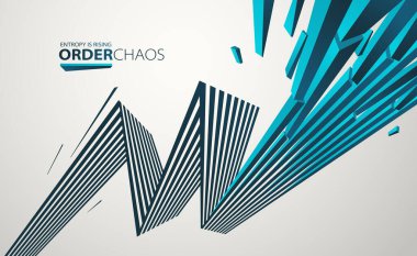 Enkaz parçacıkları kaos vektörü soyut arka planda patlıyor, entropi bozulmaya ve düzensizliğe yükseliyor, hareket halindeki elementler, 3 boyutlu duvar kağıdı.