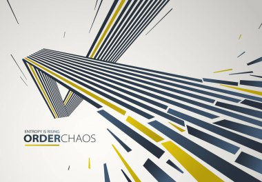 Enkaz parçacıkları kaos vektörü soyut arka planda patlıyor, entropi bozulmaya ve düzensizliğe yükseliyor, hareket halindeki elementler, 3 boyutlu duvar kağıdı.