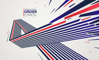 Enkaz parçacıkları kaos vektörü soyut arka planda patlıyor, entropi bozulmaya ve düzensizliğe yükseliyor, hareket halindeki elementler, 3 boyutlu duvar kağıdı.