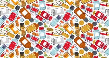 İlaç arşivsiz arka plan, vektör eczane ve farmakoloji sonsuz duvar kâğıdı, ilaç hapları ve şişeler ve ampule eczacı seramikleri deseni, ayrı kullanması kolay elementler..