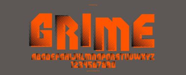 Logo ve posterler için fütürist siber punk yazı tipi, vektör acımasız sanayi tipi alfabe harfleri ve rakamları, şehir teknolojisi gelecek tipografisi..