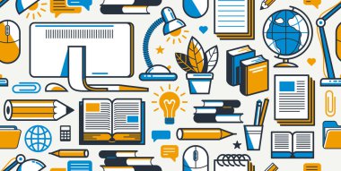 Ofis ya da uzak iş geçmişi, PC ve kağıtlar iş yeri masa başı işi sonsuz duvar kağıdı, tüm unsurları simge ya da illüstrasyon olarak ayrı ayrı kullanmak kolay.