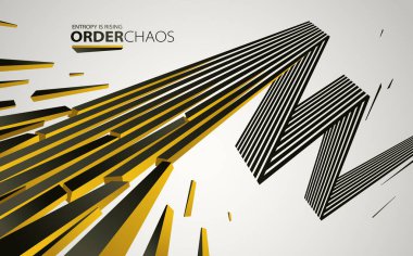 Enkaz parçacıkları kaos vektörü soyut arka planda patlıyor, entropi bozulmaya ve düzensizliğe yükseliyor, hareket halindeki elementler, 3 boyutlu duvar kağıdı.