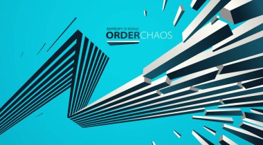 Enkaz parçacıkları kaos vektörü soyut arka planda patlıyor, entropi bozulmaya ve düzensizliğe yükseliyor, hareket halindeki elementler, 3 boyutlu duvar kağıdı.