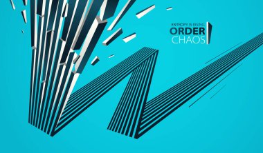 Enkaz parçacıkları kaos vektörü soyut arka planda patlıyor, entropi bozulmaya ve düzensizliğe yükseliyor, hareket halindeki elementler, 3 boyutlu duvar kağıdı.