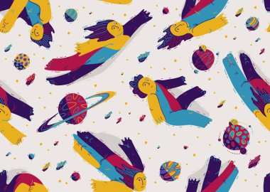 Hayalperestler kavramsal, kusursuz arka plan, uzayda gezegenler arasında uçan illüstrasyon insanları, hayal gücü özgürlüğü, rahatlama, sükunet ve hipnotik duygular..